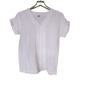 Michelle McDowell Gauze V-Neck Short Sleeve Blouse Women Small White Textured